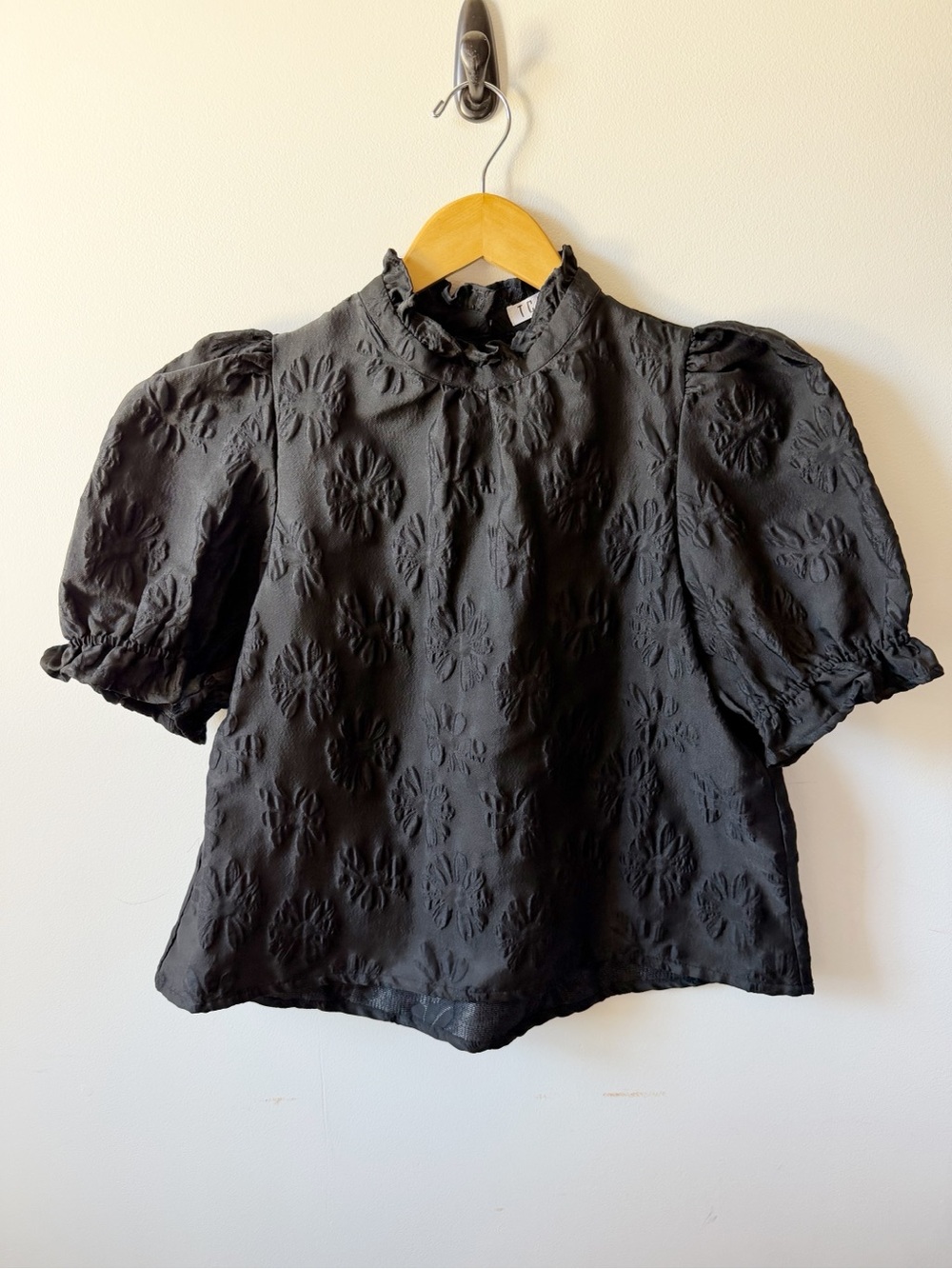 TCEC Black Textured Puff-Sleeve Ruffle-Neck Blouse